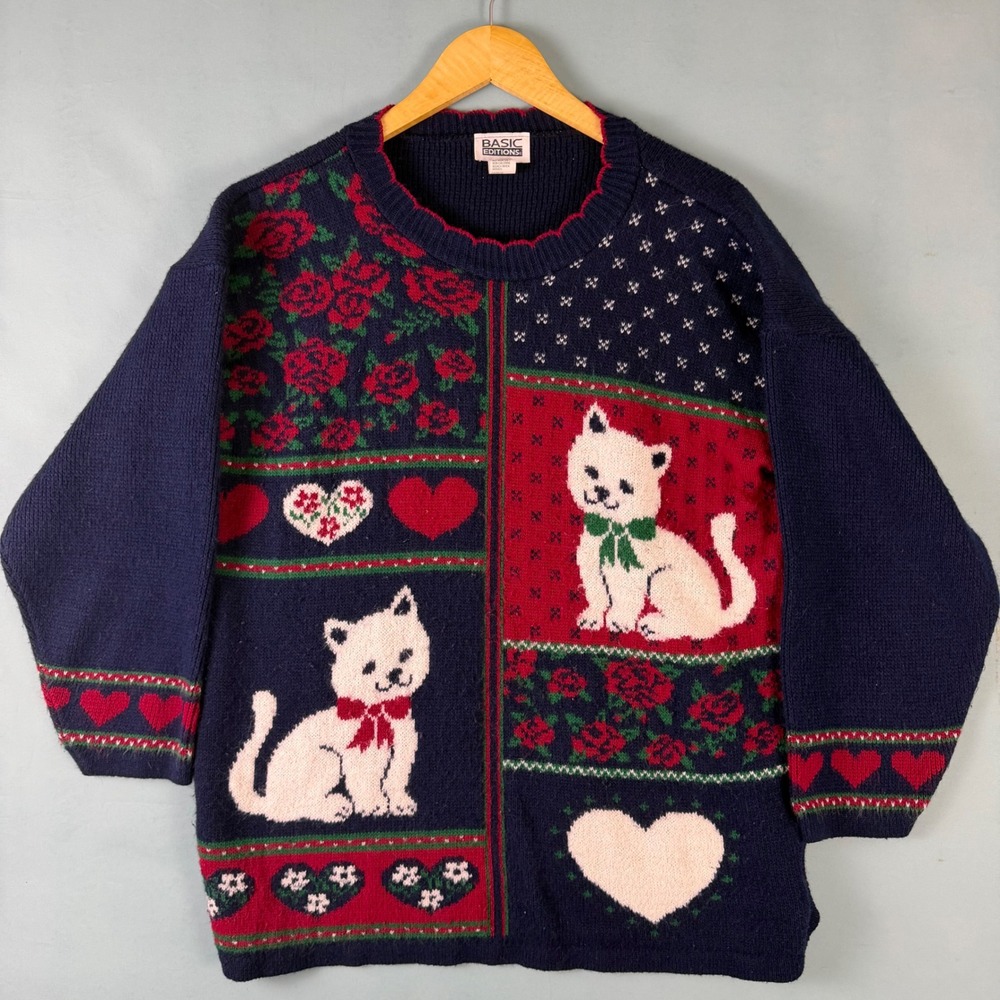 Vintage 90s Basic Editions Women's L Navy Cat Heart Knit Sweater Made in USA